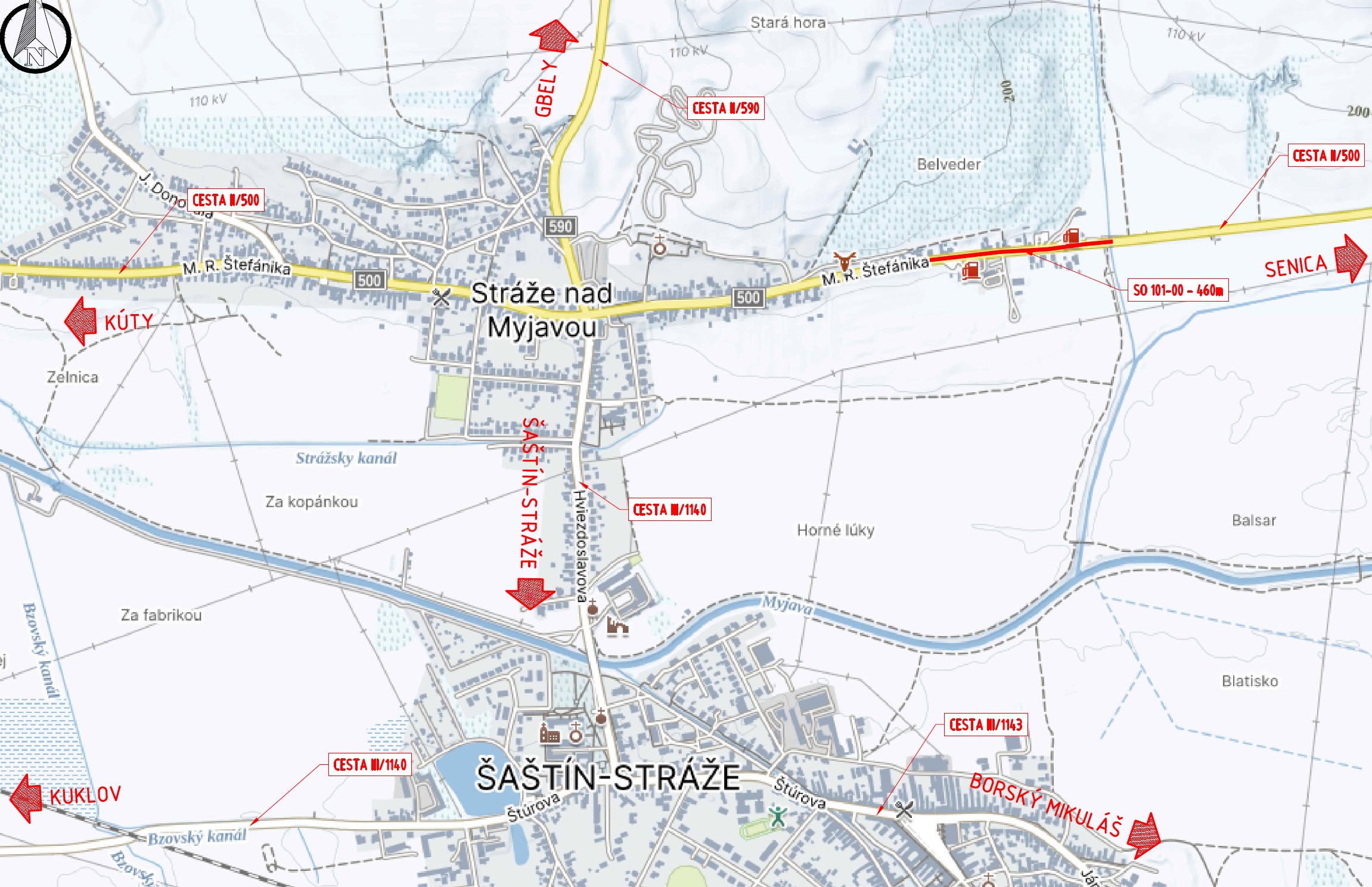 Mapa Šaštína-Stráží s červeno vyznačeným 460-metrovým úsekom cesty II/500 pri čerpacej stanici v smere na Senicu