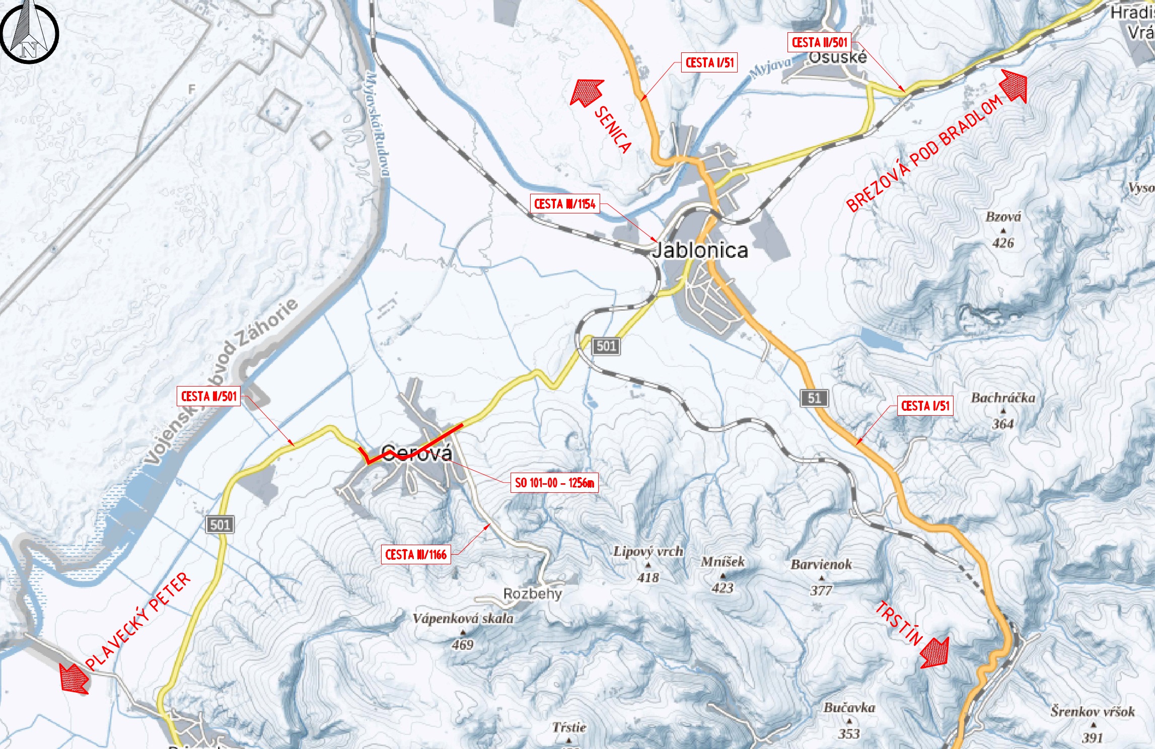 Mapa okolia Cerovej a Jablonice s červeno vyznačeným úsekom cesty II/501 dlhým 1 256 m, ktorý vedie cez obec Cerová