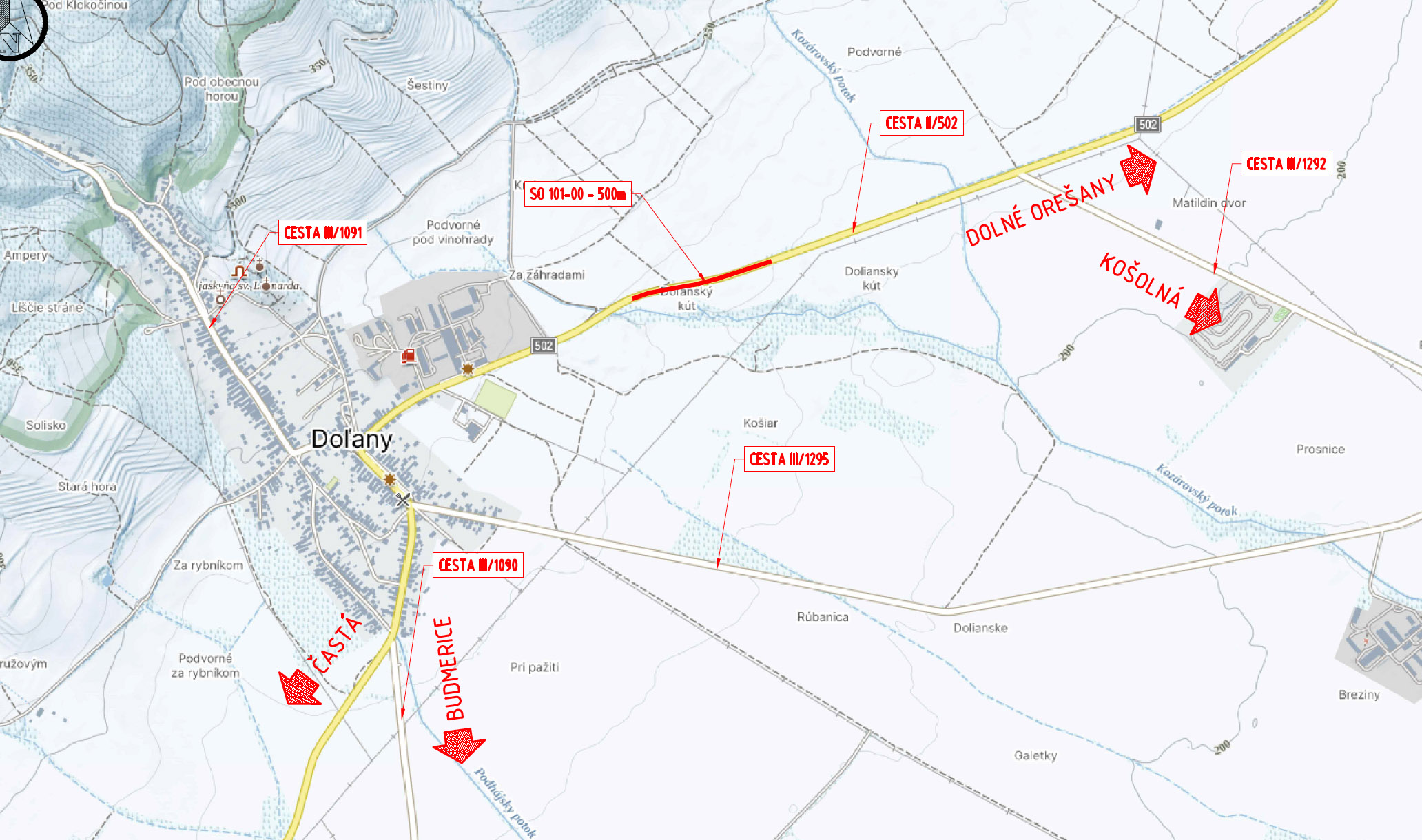 Mapa rekonštruovaného úseku cesty II/502 medzi obcami Doľany a Dolné Orešany v dĺžke 500 metrov