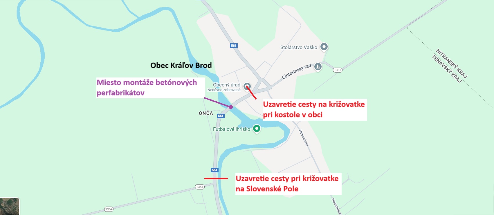 Mapa uzávierky mosta v Kráľovom Brode s vyznačenými miestami odklonu dopravy na križovatke pri kostole a na križovatke Slovenské Pole