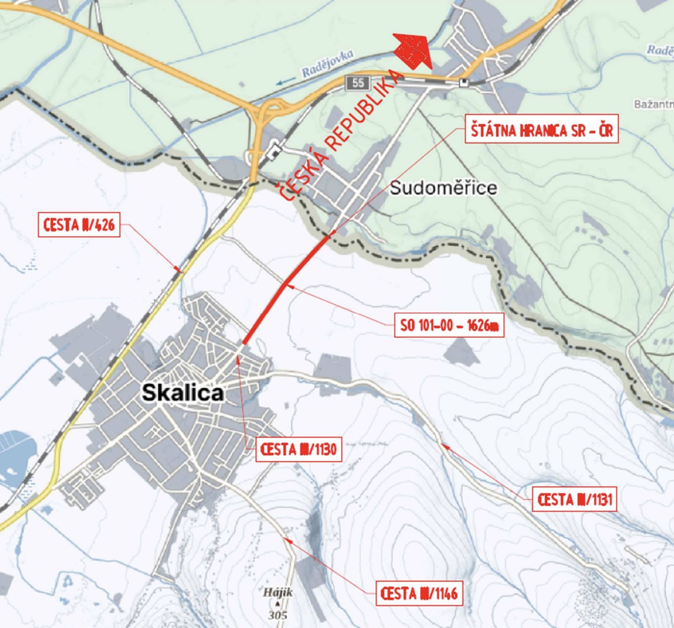 Mapa okolia Skalice a Sudoměříc s červeno vyznačeným úsekom cesty III/1130 od štátnej hranice s Českom po Skalicu